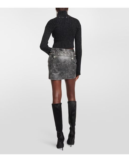 Alessandra Rich Gray Belted Embellished Leather Miniskirt