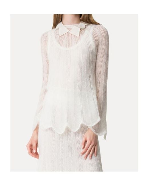 Forte_forte White Scalloped Hem Open-Knitted Jumper