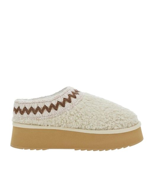 Mou White Braided Faux Fur Platform Flat Mules