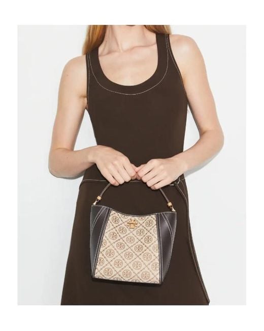 Tory Burch Mcgraw T Monogram Small Bucket Bag in Brown | Lyst