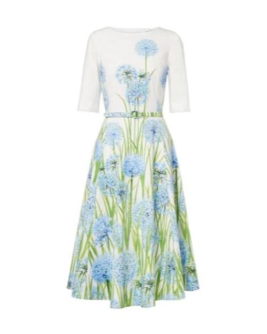Oscar de la Renta Blue Floral Cotton-Blend Poplin Midi Dress
