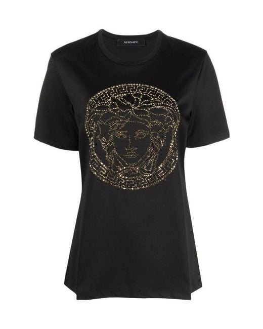 Versace Black Motif Crystal Embellished Crewneck T-Shirt