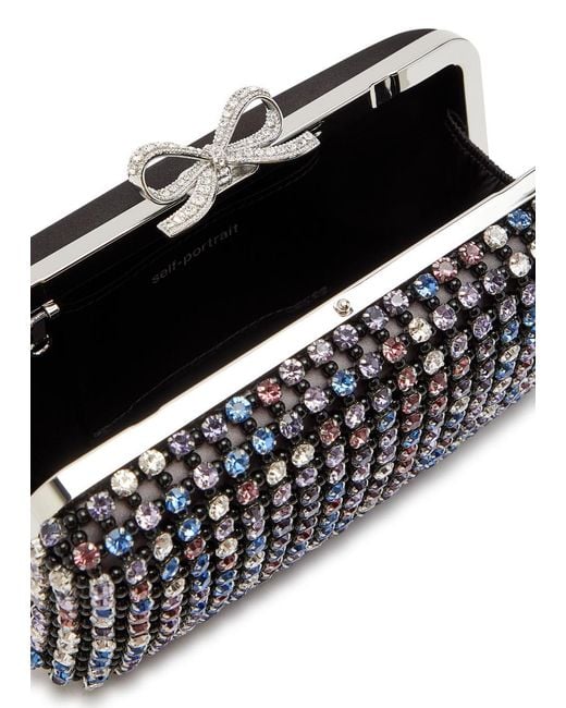 Self-Portrait Black Crystal-Embellished Satin Box Clutch
