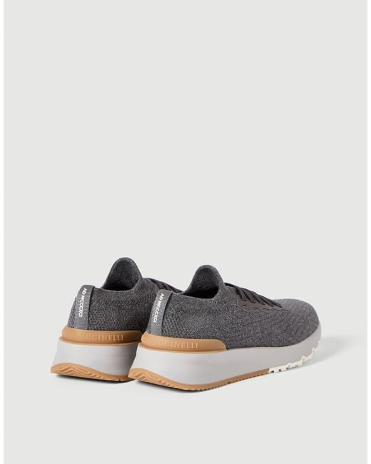 Brunello Cucinelli Blue Cotton Knit And Semi-Polished Calfskin Runners for men