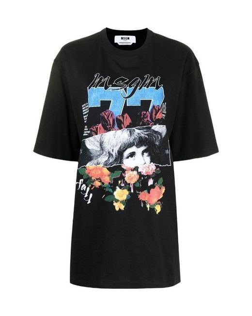 MSGM Black Collage-Print Oversized T-Shirt