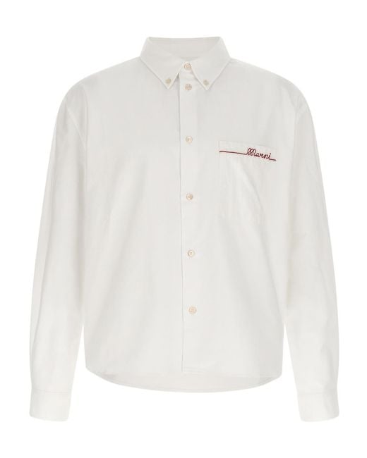 Marni White Logo Embroidered Buttoned Shirt for men