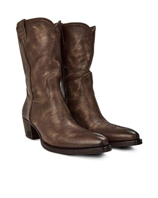 Miu Miu Brown Logo Denim Ankle Boots