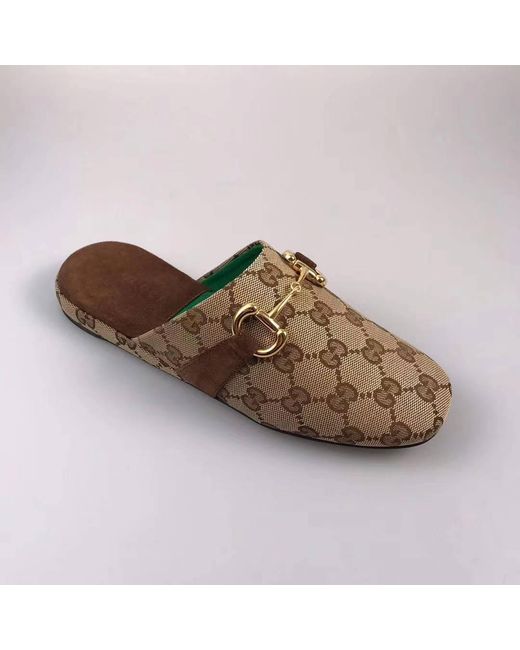 Gucci Brown Monogram Pattern Horsebit Mules