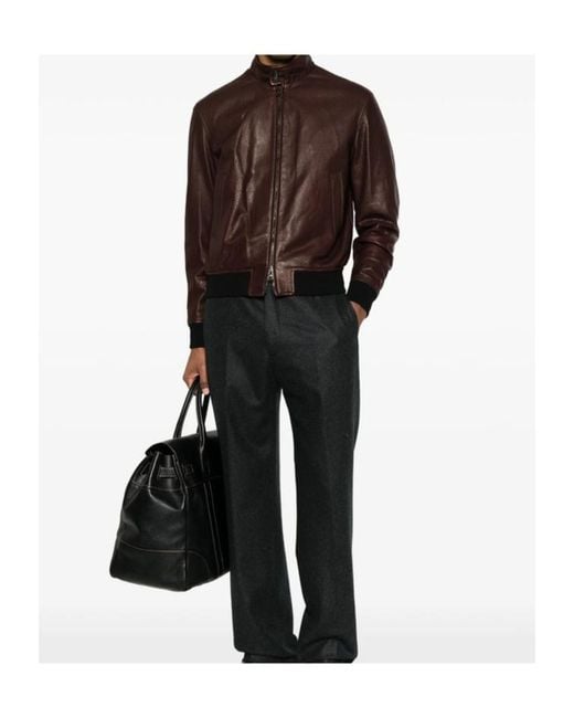 Tagliatore Brown Long-Sleeve Leather Jacket for men