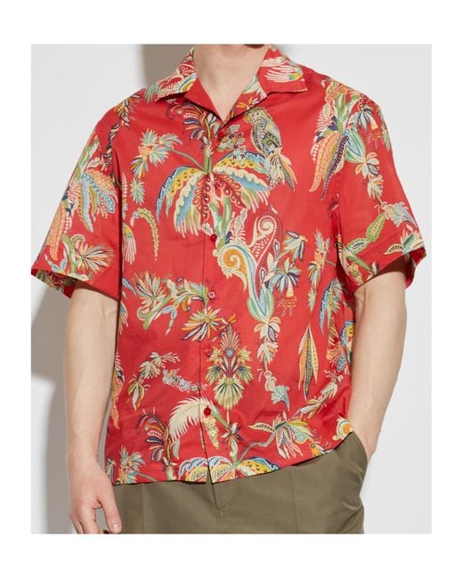 Etro Red Paisley Print Short Sleeve Shirt for men