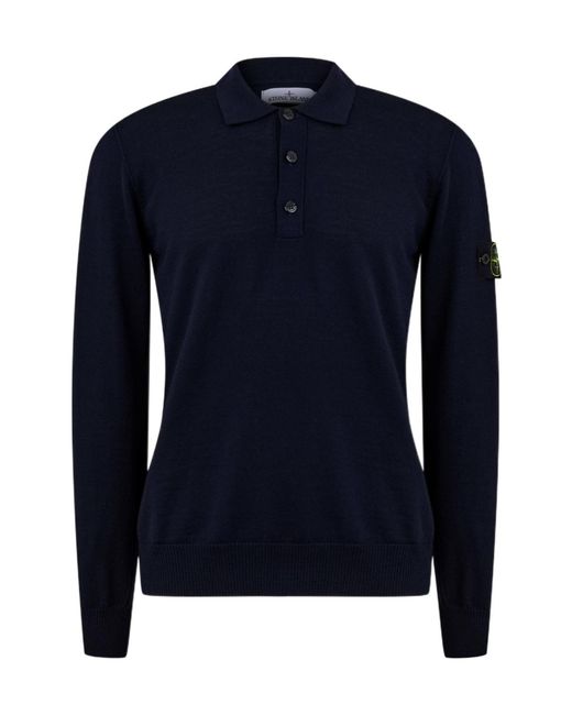 Stone Island Blue Button Wool Polo Shirt for men