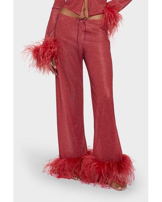 Oseree Red Oséree Feather-Trim Beach Trousers