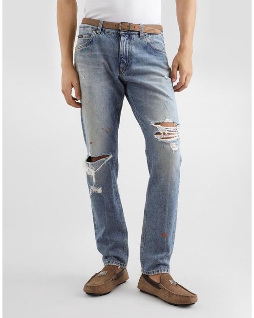 Dolce & Gabbana Blue Ripped Logo-Plaque Jeans for men