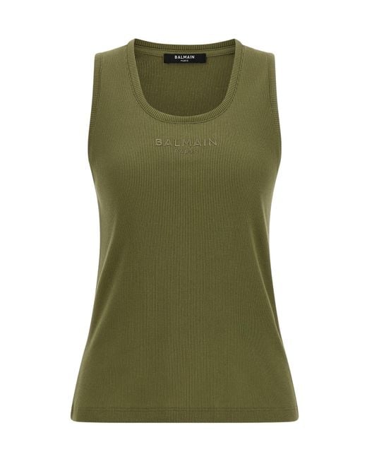 Balmain Green Logo Embroidered Ribbed Tank Top