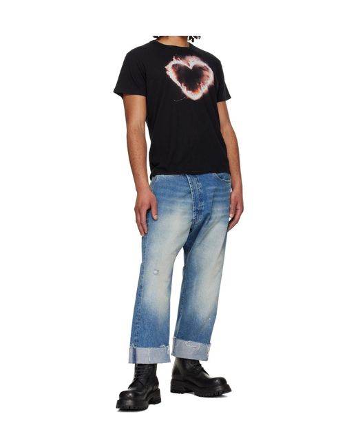 R13 Black Flaming Heart Crew Neck Short Sleeve T-Shirt for men