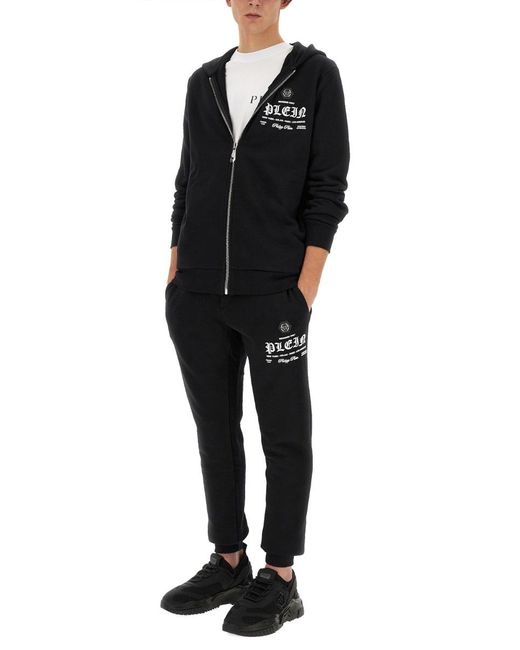 Philipp Plein Black Logo Printed Zipped Hoodie for men