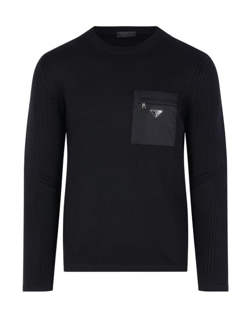 Prada Blue Logo-Plaque Pocket Sweater for men