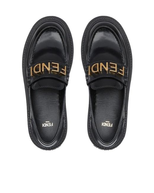 Fendi Black Logo Plaque Slip-On Loafers