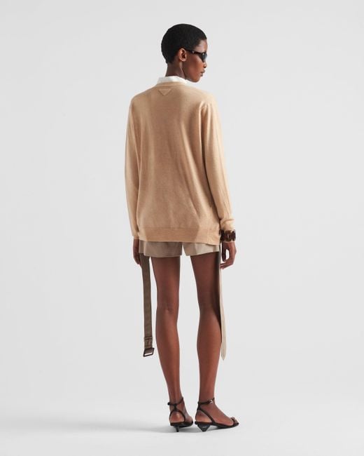 Prada Natural Triangle-Logo V-Neck Cardigan