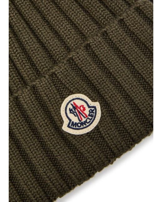 Moncler Green Ribbed Wool Bobble Hat