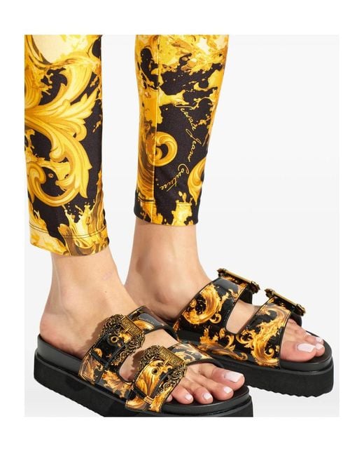 Versace Jeans Black Couture Buckle Embellished Barocco-Printed Sandals