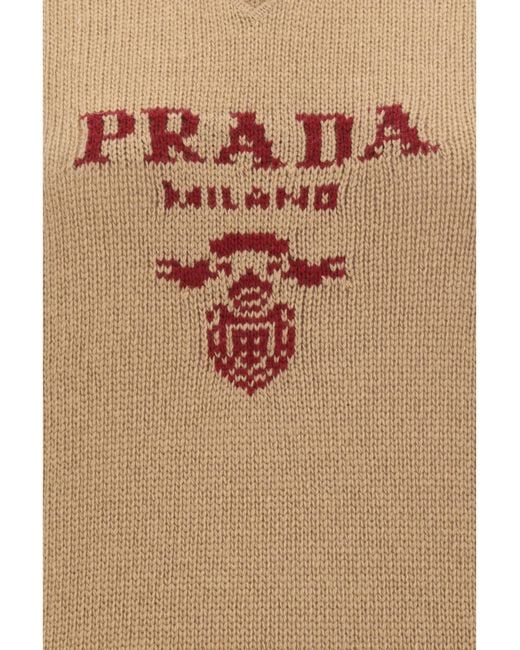 Prada Brown Logo-Intarsia Striped-Trim Crewneck Jumper