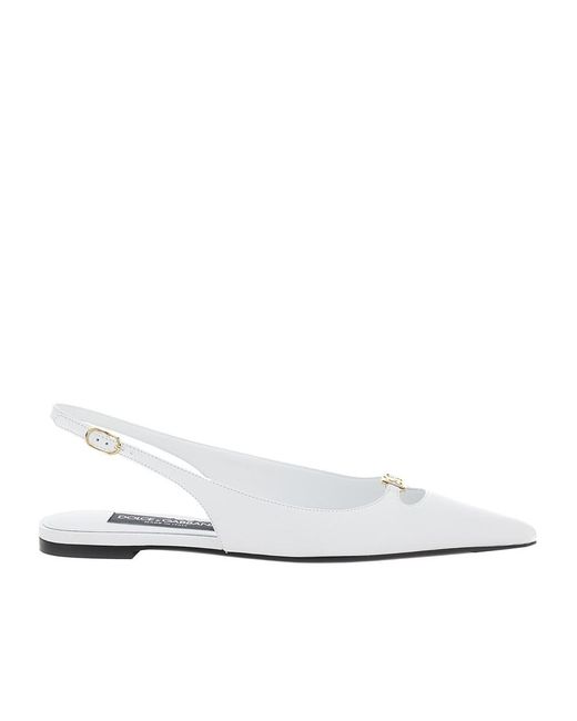 Dolce & Gabbana White Logo Lettering Pointed Toe Ballet Flats