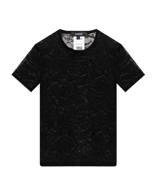Versace Black Short-Sleeved Crewneck Lace T-Shirt for men