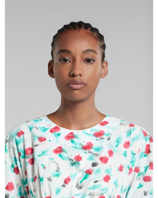 Marni Blue Floral Printed Short-Sleeved Midi Dress