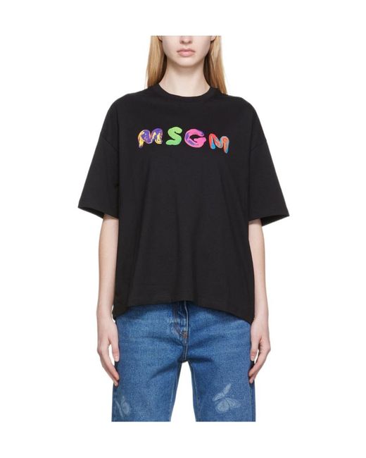 MSGM Black Logo-Print Round-Neck T-Shirt
