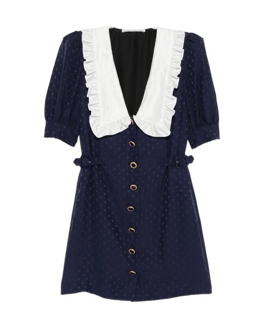 Alessandra Rich Blue Star-Jacquard Ruffled-Collar Mini Dress