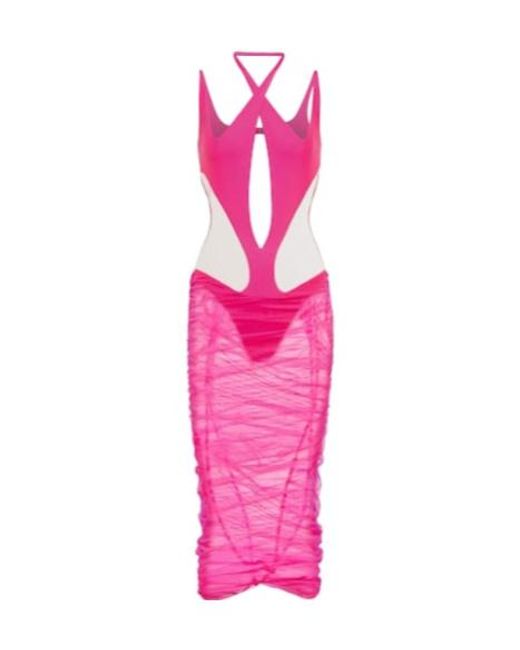 Mugler Pink Cutout Paneled Tulle Midi Dress