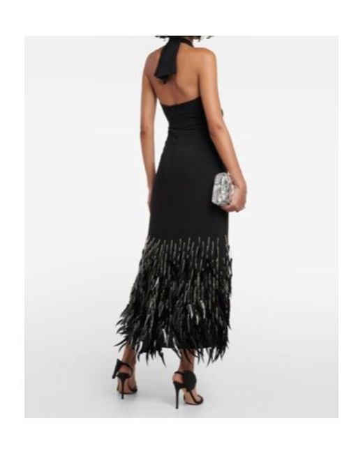 Johanna Ortiz Black Feather-Trimmed Crepe Dress