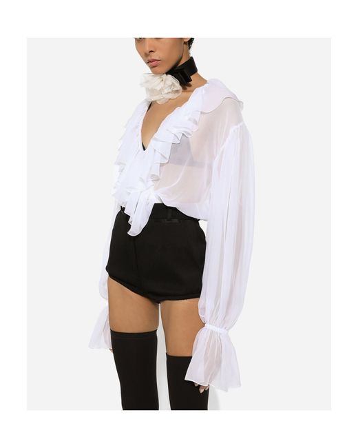 Dolce & Gabbana White Ruffle Detailed Chiffon Blouse