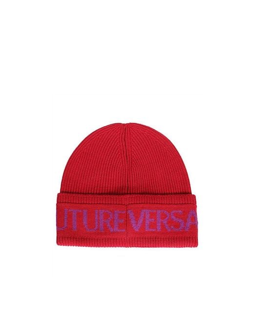 Versace Jeans Red Couture Logo Knit Hat for men