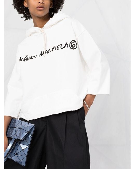 MM6 by Maison Margiela White Cropped Logo-Print Hoodie