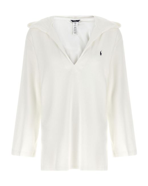 Polo Ralph Lauren White Embroidered-Logo V-Neck Hoodie