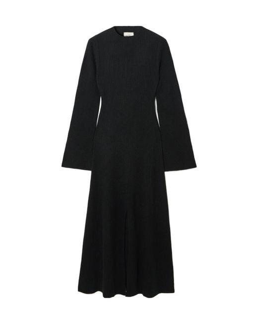 LeKasha Black Logan Ribbed Organic Cashmere Midi Dress