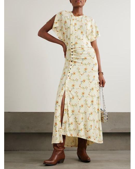 Rabanne Metallic Floral-Print Ruched Midi Dress