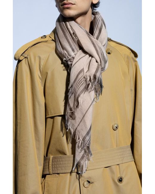 Ferragamo Gray Ferragamo Logo Embroidered Striped Fringed Scarf for men