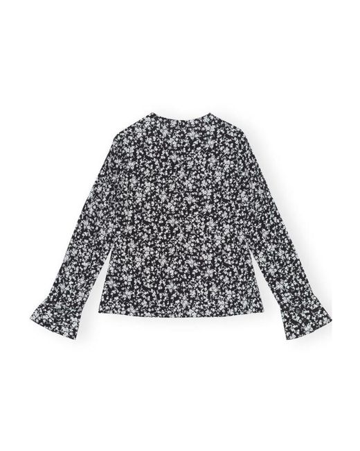 Ganni Gray Printed Crepe O-Neck Blouse