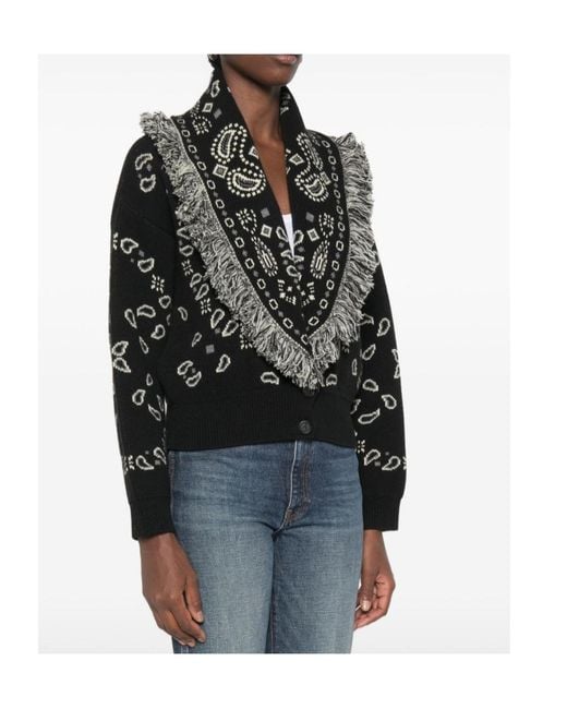 Alanui Black Paisley-Jacquard Fringed Cardigan
