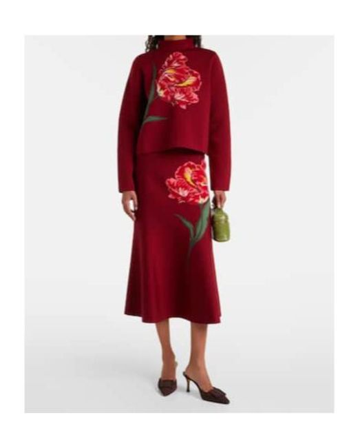 Carolina Herrera Red Floral Jacquard Cotton And Wool Sweater