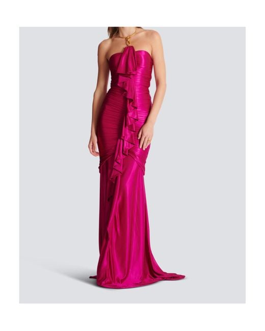 Balmain Pink Long Draped Bustier Dress With Embellished Detail