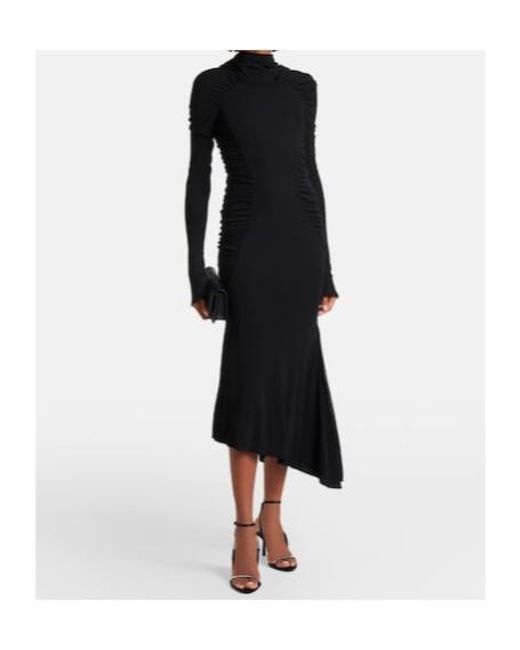 Victoria Beckham Black Gathered Asymmetric Jersey Midi Dress