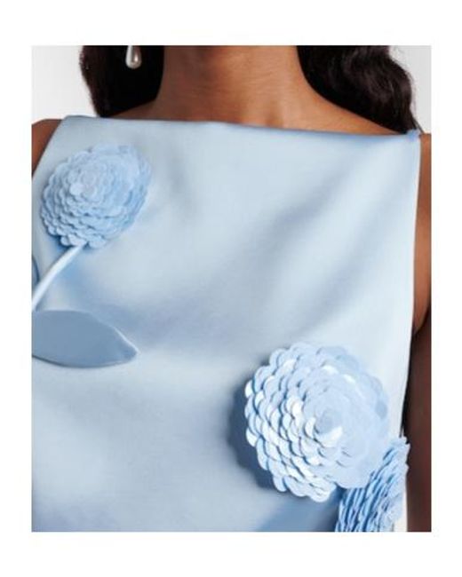 Self-Portrait Blue Floral-Appliqué Sequined Cropped Satin Top