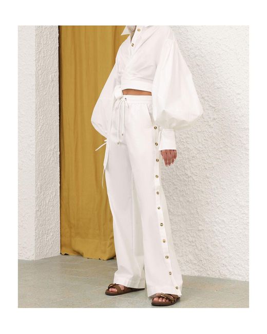 Zimmermann White Side-Button Drawstring-Fastening Trousers