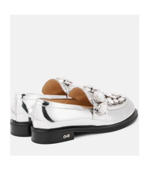 Mach & Mach White Crystal-Embellished Metallic Leather Loafers