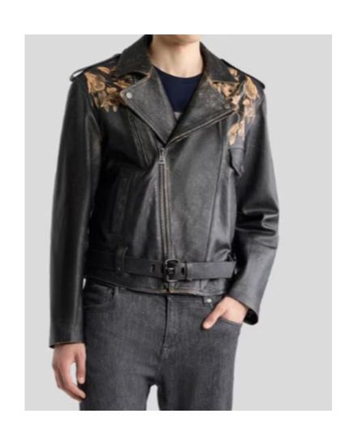 Etro Black Leather Biker Jacket With Placed Leopard Print for men