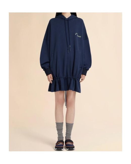 Marni Blue Drawstring Ruffled Hooded Sweatshirt Dress